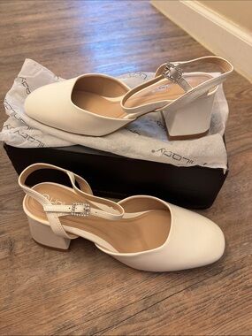 Elegant White Slingback Block Heels with Rhinestone Buckle